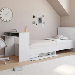 Lit simple blanc 90 x 190 cm avec rangements, sommier, tête de lit et bureau