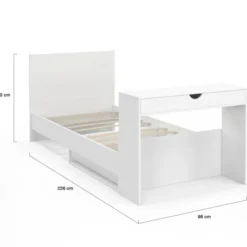 Lit simple blanc 90 x 190 cm avec rangements, sommier, tête de lit et bureau