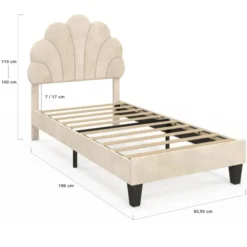 Lit simple coquillage 90 x 190 cm avec sommier velours beige