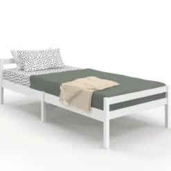 Lit simple 90 x 190 cm avec sommier bois blanc