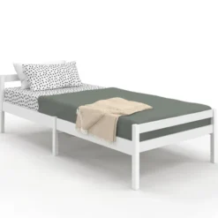 Lit simple 90 x 190 cm avec sommier bois blanc