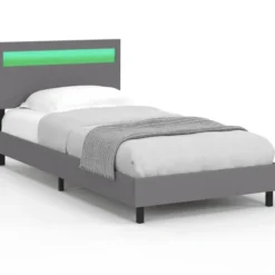 Lit simple 90 x 190 cm avec tête de lit LED intégrées et sommier PVC gris