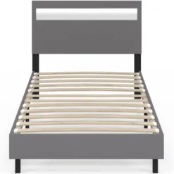 Lit simple 90 x 190 cm avec tête de lit LED intégrées et sommier PVC gris