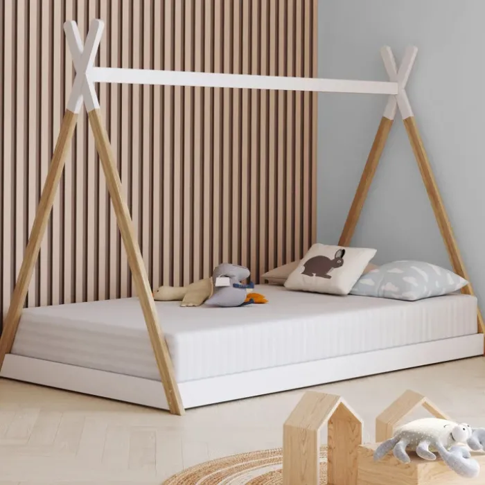 Lit tipi enfant sommier bois et blanc