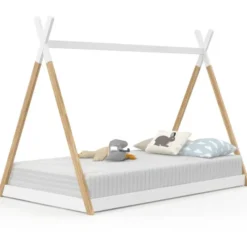Lit tipi enfant sommier bois et blanc