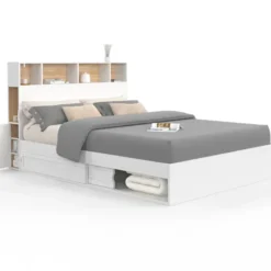 Lit 140x190 avec rangements blanc et hêtre et tête de lit