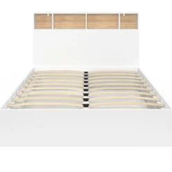 Lit 140x190 avec rangements blanc et hêtre et tête de lit