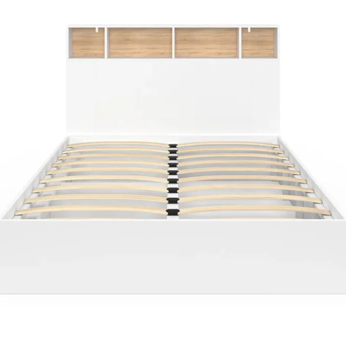 Lit 140x190 avec rangements blanc et hêtre et tête de lit