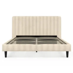 Lit 140x190 cm avec tête de lit et sommier en velours beige