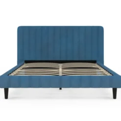 Lit 140x190 cm velours bleu avec tête de lit et sommier