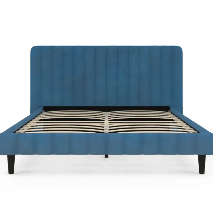 Lit 140x190 cm velours bleu avec tête de lit et sommier