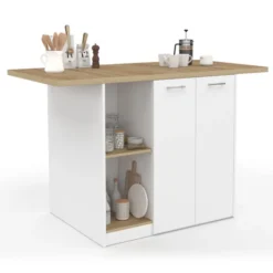 Îlot central bois blanc avec plan de travail façon hêtre 140 cm 4 personnes avec rangement