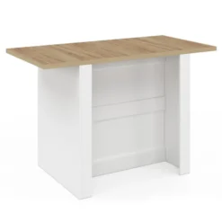 Îlot central bois blanc avec plan de travail façon hêtre 140 cm 4 personnes avec rangement