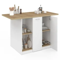 Îlot central bois blanc avec plan de travail façon hêtre 140 cm 4 personnes avec rangement