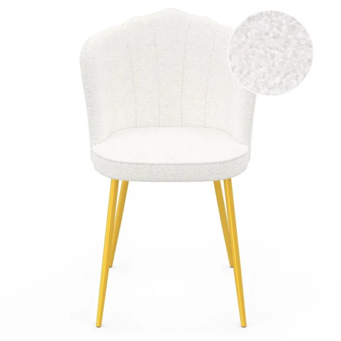 Lot de 2 chaises bouclette blanche, dossier coquillage, pieds dorés