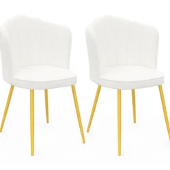 Lot de 2 chaises bouclette blanche, dossier coquillage, pieds dorés