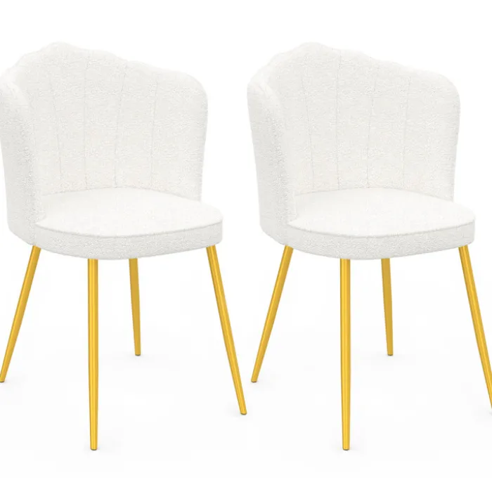 Lot de 2 chaises bouclette blanche, dossier coquillage, pieds dorés