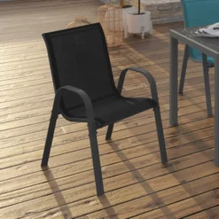 Lot de 6 chaises de jardin empilables en métal gris, noir et bleu et textilène