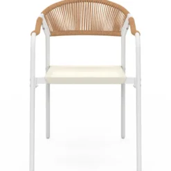 Lot de 6 chaises de jardin métal blanc cordage et textilène beige et rotin clair