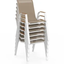 Lot de 6 chaises de jardin métal et textilène empilables blanc et bois