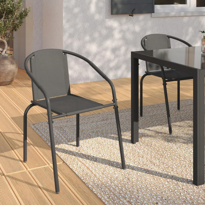 Lot de 6 chaises de jardin métal et textilène empilables gris anthracite