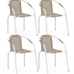 Lot de 4 chaises de jardin métal et textilène empilables blanc et beige