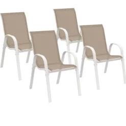 Lot de 4 chaises de jardin métal et textilène empilables blanc et beige