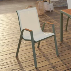 Lot de 6 chaises de jardin métal et textilène empilables vert et bois