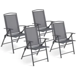 Lot de 4 chaises de jardin pliantes dossier inclinable avec accoudoirs gris anthracite