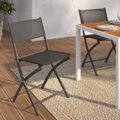 Lot de 4 chaises de jardin pliantes grises en acier et textilène