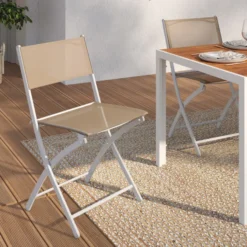 Lot de 6 chaises de jardin pliantes métal et textilène blanc et beige