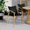 Lot de 4 chaises de jardin structure en métal effet bois, lanières et coussins noirs