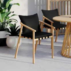 Lot de 4 chaises de jardin structure en métal effet bois, lanières et coussins noirs