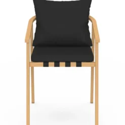 Lot de 4 chaises de jardin structure en métal effet bois, lanières et coussins noirs