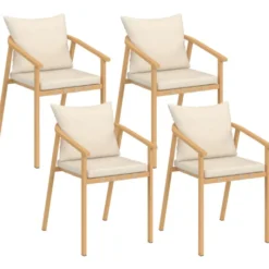 Lot de 4 chaises de jardin structure en métal effet bois, lanières et coussins beiges
