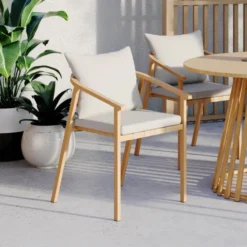 Lot de 4 chaises de jardin structure en métal effet bois, lanières et coussins beiges