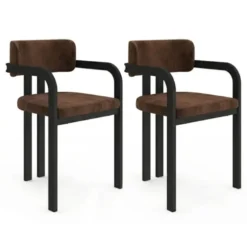 Lot de 2 chaises de salle à manger, fauteuils de table en métal noir et velours marron avec accoudoirs