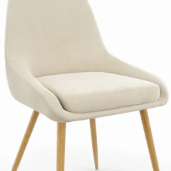 Lot de 6 chaises de salle à manger en velours beige et pieds effet bois avec accoudoirs