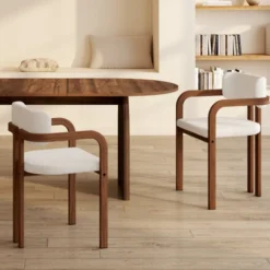 Lot de 2 chaises de salle à manger, fauteuils de table en métal effet noyer et tissu bouclette avec accoudoirs