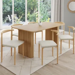 Lot de 6 chaises en imitation bois et assise en tissu beige pour salle à manger