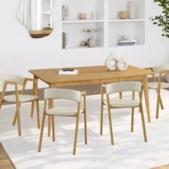 Lot de 4 chaises en métal effet bois et tissu beige avec accoudoirs