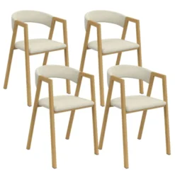 Lot de 4 chaises en métal effet bois et tissu beige avec accoudoirs