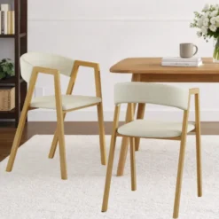 Lot de 4 chaises en métal effet bois et tissu beige avec accoudoirs