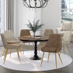 Lot de 6 chaises en tissu chenille mix color taupe x2, beige x2, marron x2 et pieds effet bois avec accoudoirs