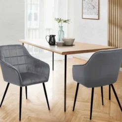 Lot de 2 chaises en velours gris avec accoudoirs
