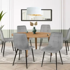 Lot de 6 chaises en velours gris clair matelassé