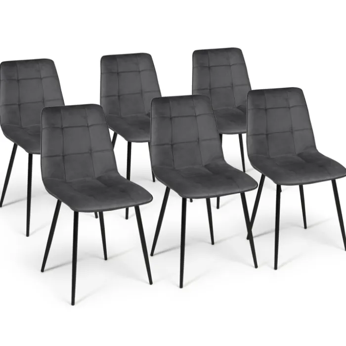 Lot de 6 chaises en velours gris foncé matelassé