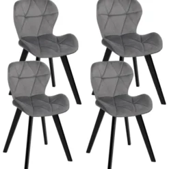 Lot de 4 chaises en velours gris clair avec pieds noirs assise matelassée