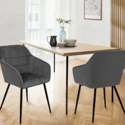 Lot de 2 chaises en velours gris avec accoudoirs