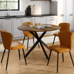 Lot de 4 chaises marron avec coutures et pied métal noir